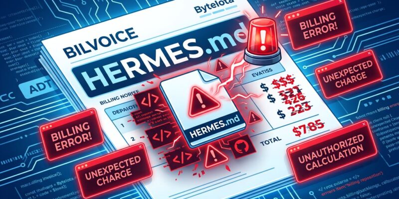 Digital billing invoice showing HERMES.md filename triggering a billing error with warning symbols, representing Anthropic's billing bug controversy