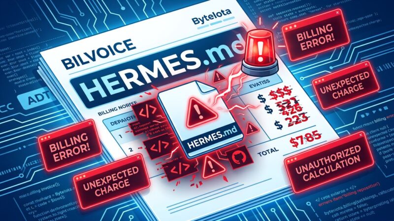 Digital billing invoice showing HERMES.md filename triggering a billing error with warning symbols, representing Anthropic's billing bug controversy