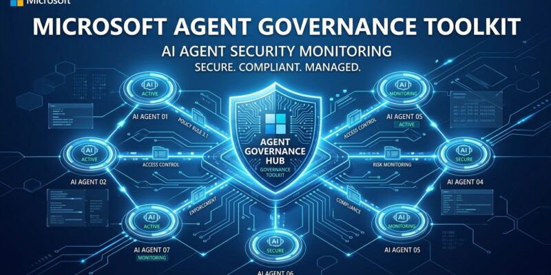 Microsoft Agent Governance Toolkit security interface showing AI agent network with shield icon and policy rules