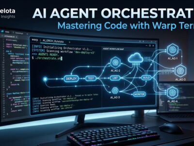 Warp terminal interface showing AI agent orchestration with blue and white ByteIota branding, cloud agent network visualization, modern developer workspace