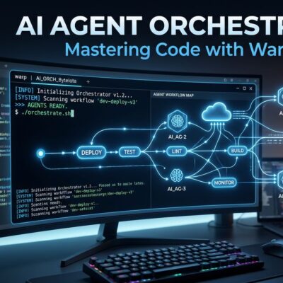 Warp terminal interface showing AI agent orchestration with blue and white ByteIota branding, cloud agent network visualization, modern developer workspace