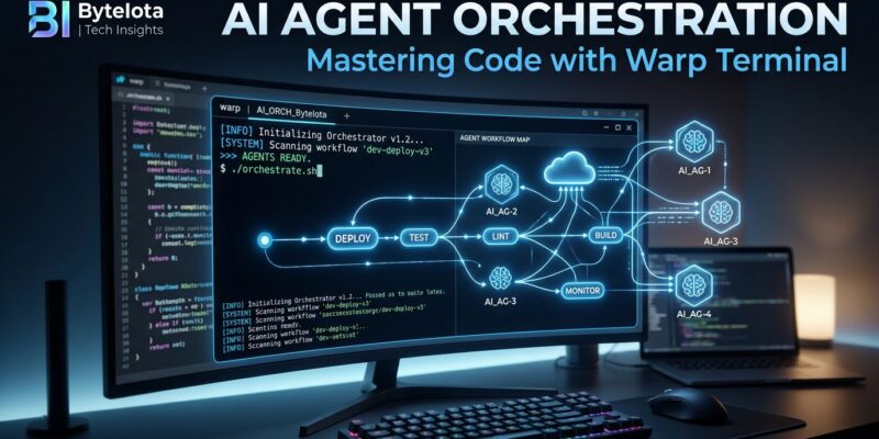 Warp terminal interface showing AI agent orchestration with blue and white ByteIota branding, cloud agent network visualization, modern developer workspace
