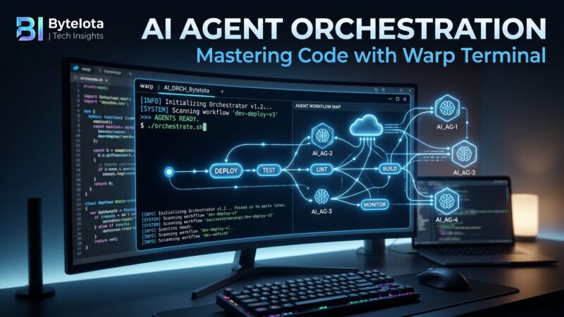 Warp terminal interface showing AI agent orchestration with blue and white ByteIota branding, cloud agent network visualization, modern developer workspace