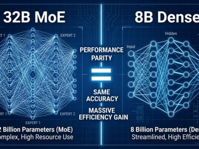 Split-screen comparison showing Granite 4.1 8B dense model achieving parity with 32B Mixture-of-Experts model through better training methodology