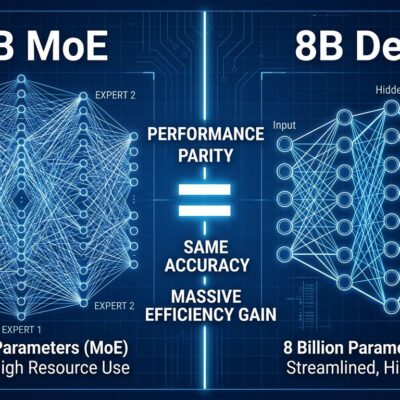 Split-screen comparison showing Granite 4.1 8B dense model achieving parity with 32B Mixture-of-Experts model through better training methodology