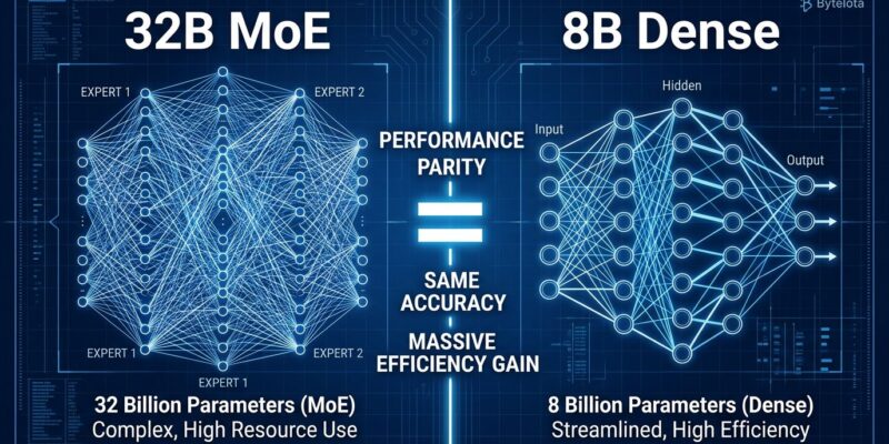 Split-screen comparison showing Granite 4.1 8B dense model achieving parity with 32B Mixture-of-Experts model through better training methodology