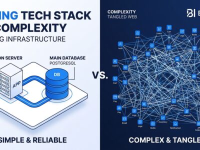Comparison of simple boring tech stack vs complex microservices architecture