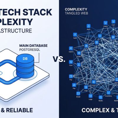 Comparison of simple boring tech stack vs complex microservices architecture