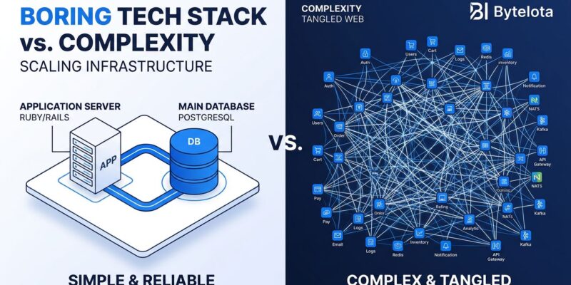 Comparison of simple boring tech stack vs complex microservices architecture