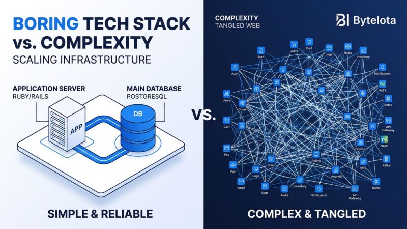 Comparison of simple boring tech stack vs complex microservices architecture