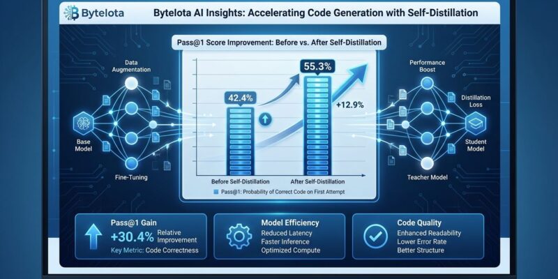 Data visualization showing AI code generation improvement from 42.4% to 55.3% using simple self-distillation
