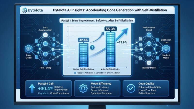 Data visualization showing AI code generation improvement from 42.4% to 55.3% using simple self-distillation