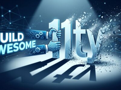 Conceptual design showing Eleventy 11ty logo fading away being replaced by Build Awesome branding, illustrating corporate identity erasure