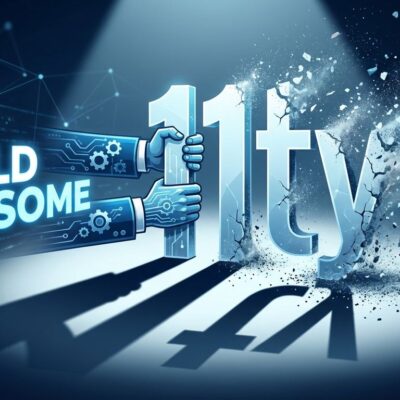 Conceptual design showing Eleventy 11ty logo fading away being replaced by Build Awesome branding, illustrating corporate identity erasure