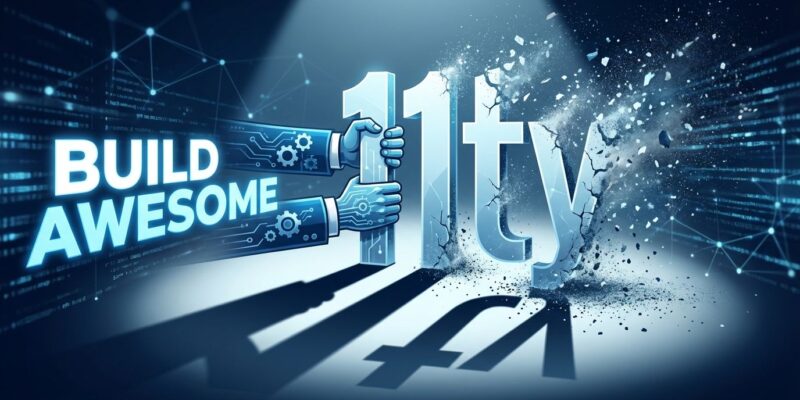 Conceptual design showing Eleventy 11ty logo fading away being replaced by Build Awesome branding, illustrating corporate identity erasure