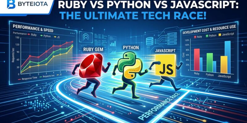 Programming language performance comparison showing Ruby, Python, JavaScript outperforming Rust in AI code generation