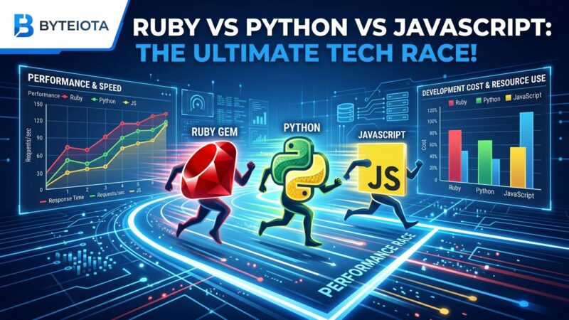 Programming language performance comparison showing Ruby, Python, JavaScript outperforming Rust in AI code generation