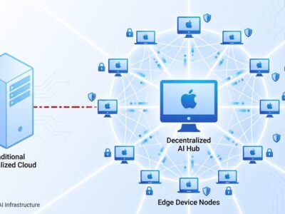 Conceptual illustration of decentralized AI infrastructure showing distributed Mac network vs centralized data center with privacy indicators
