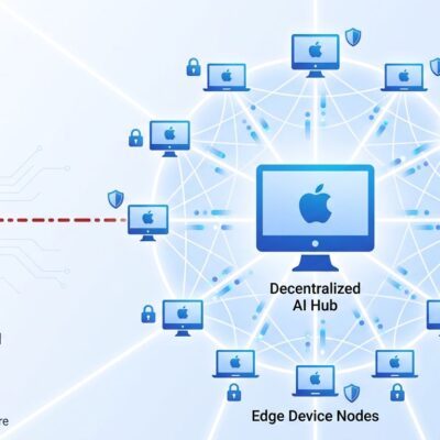 Conceptual illustration of decentralized AI infrastructure showing distributed Mac network vs centralized data center with privacy indicators