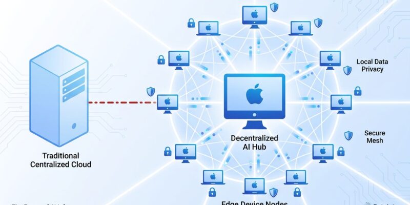 Conceptual illustration of decentralized AI infrastructure showing distributed Mac network vs centralized data center with privacy indicators