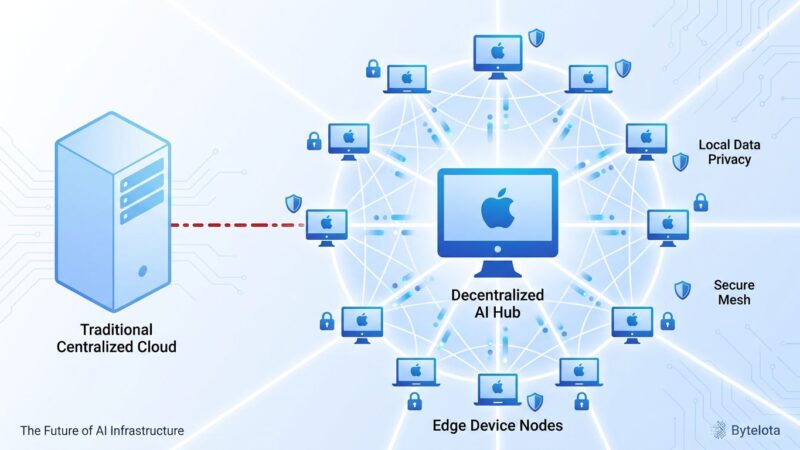 Conceptual illustration of decentralized AI infrastructure showing distributed Mac network vs centralized data center with privacy indicators
