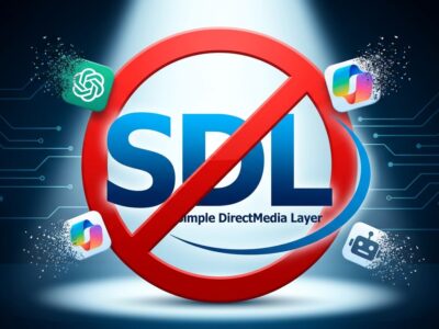 SDL logo with prohibition symbol overlaid, representing the ban on AI-generated code contributions from ChatGPT, Copilot, and other LLMs
