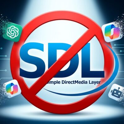 SDL logo with prohibition symbol overlaid, representing the ban on AI-generated code contributions from ChatGPT, Copilot, and other LLMs