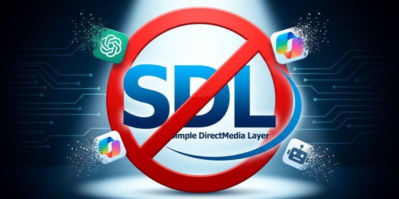 SDL logo with prohibition symbol overlaid, representing the ban on AI-generated code contributions from ChatGPT, Copilot, and other LLMs