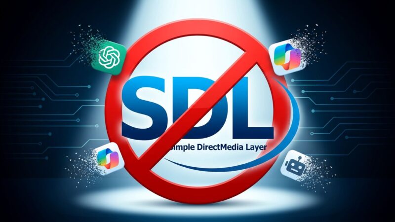 SDL logo with prohibition symbol overlaid, representing the ban on AI-generated code contributions from ChatGPT, Copilot, and other LLMs