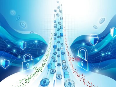 Abstract visualization of cybersecurity as proof-of-work economics with blue gradient waves, security tokens, AI nodes, and computational token streams