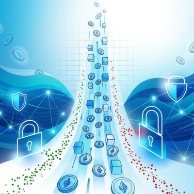 Abstract visualization of cybersecurity as proof-of-work economics with blue gradient waves, security tokens, AI nodes, and computational token streams