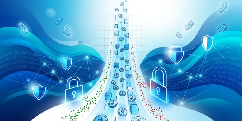 Abstract visualization of cybersecurity as proof-of-work economics with blue gradient waves, security tokens, AI nodes, and computational token streams