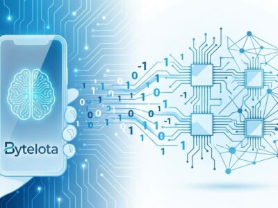 Modern smartphone displaying AI interface with binary code representing 1-bit LLM efficiency