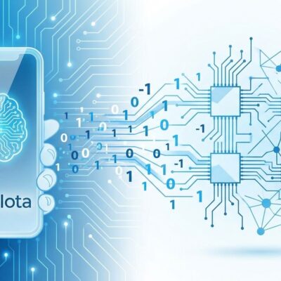 Modern smartphone displaying AI interface with binary code representing 1-bit LLM efficiency
