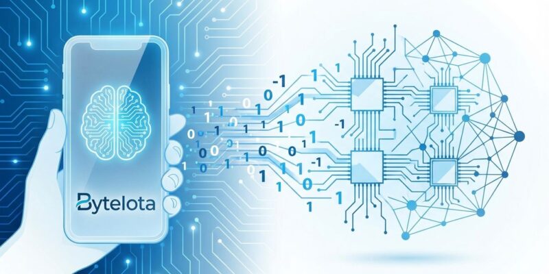 Modern smartphone displaying AI interface with binary code representing 1-bit LLM efficiency