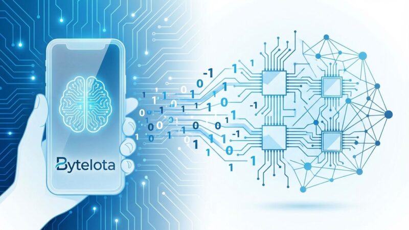 Modern smartphone displaying AI interface with binary code representing 1-bit LLM efficiency