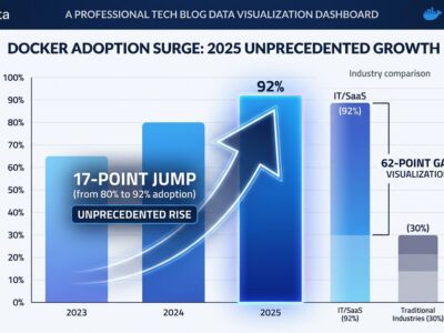 Data visualization dashboard showing Docker's 92% adoption surge in 2025, largest single-year increase of any technology