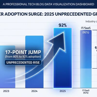 Data visualization dashboard showing Docker's 92% adoption surge in 2025, largest single-year increase of any technology