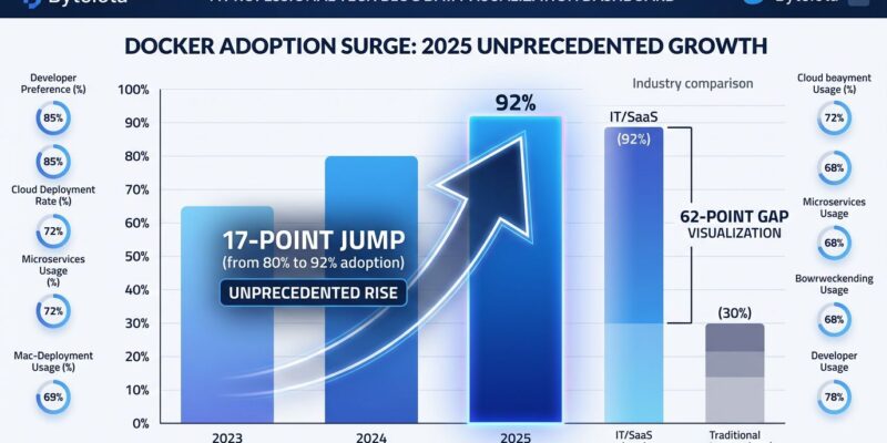 Data visualization dashboard showing Docker's 92% adoption surge in 2025, largest single-year increase of any technology