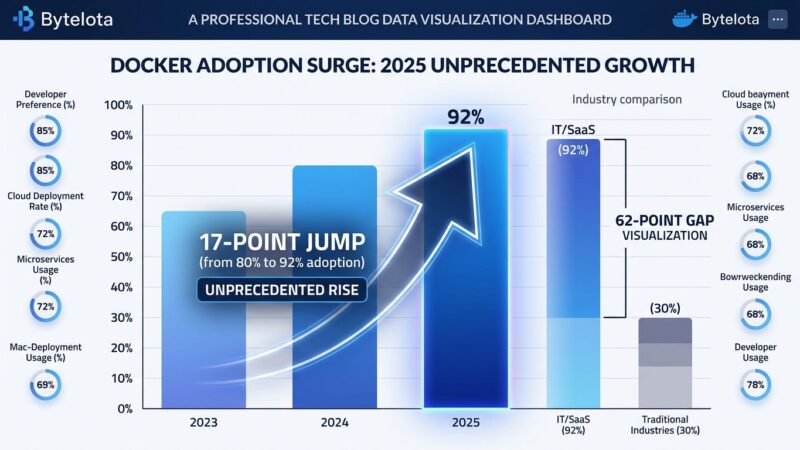 Data visualization dashboard showing Docker's 92% adoption surge in 2025, largest single-year increase of any technology