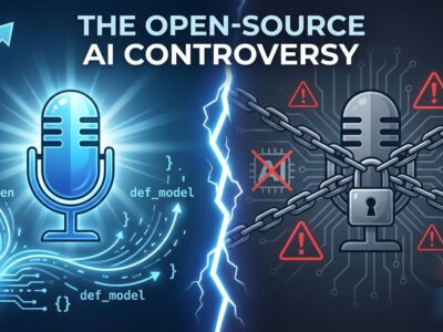 Split-screen illustration showing open-source AI controversy with unlocked microphone on left and locked microphone on right, representing Microsoft VibeVoice code removal debate