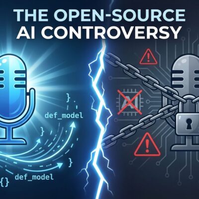 Split-screen illustration showing open-source AI controversy with unlocked microphone on left and locked microphone on right, representing Microsoft VibeVoice code removal debate