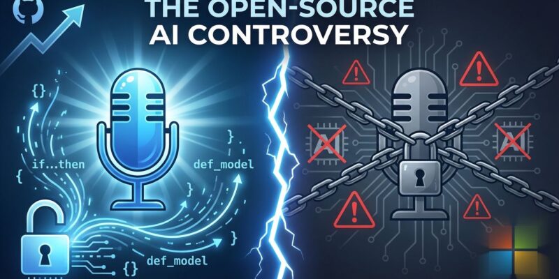 Split-screen illustration showing open-source AI controversy with unlocked microphone on left and locked microphone on right, representing Microsoft VibeVoice code removal debate