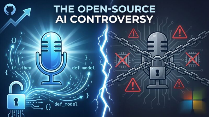 Split-screen illustration showing open-source AI controversy with unlocked microphone on left and locked microphone on right, representing Microsoft VibeVoice code removal debate