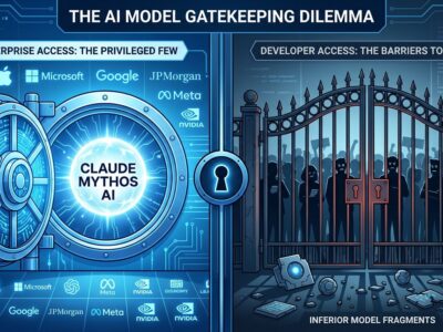 Split-screen illustration showing Fortune 50 companies with access to Claude Mythos AI model on left, while developers are locked out on right