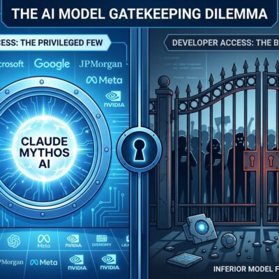 Split-screen illustration showing Fortune 50 companies with access to Claude Mythos AI model on left, while developers are locked out on right