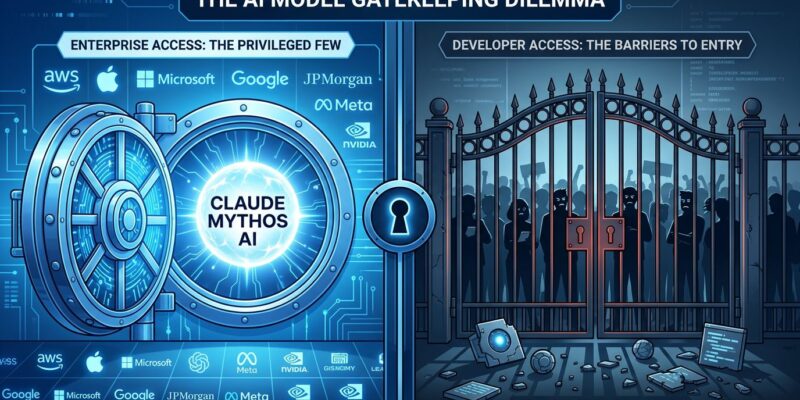 Split-screen illustration showing Fortune 50 companies with access to Claude Mythos AI model on left, while developers are locked out on right