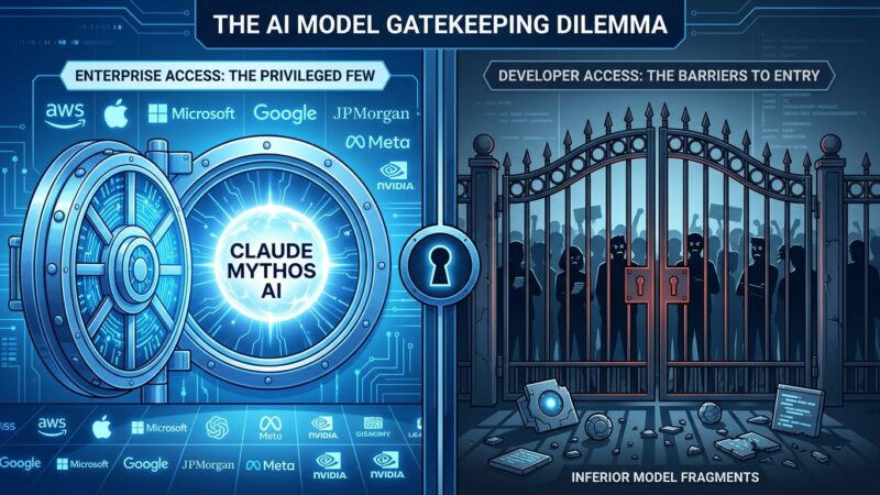 Split-screen illustration showing Fortune 50 companies with access to Claude Mythos AI model on left, while developers are locked out on right