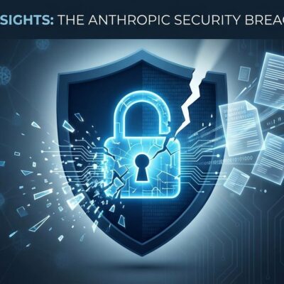 Digital padlock breaking apart with leaked data fragments representing Anthropic's Mythos AI model security breach