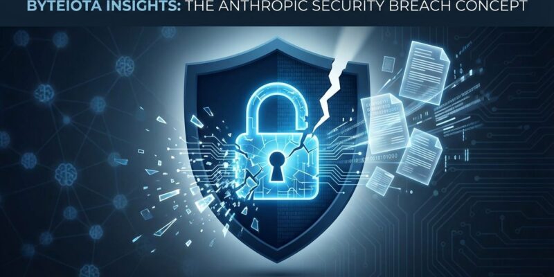 Digital padlock breaking apart with leaked data fragments representing Anthropic's Mythos AI model security breach